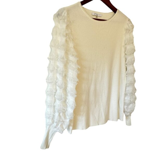 Sioni Milano Jewel Neck Women's White Sweater has Fringe Trim Bishop Sleeves Med - Picture 5 of 9